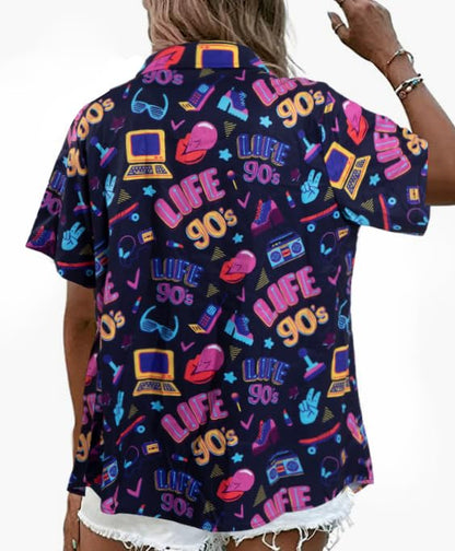 80s 90s Outfits for Women Retro Theme Party Disco Shirt 80s Hawaiian Shirt Neon Button Down Short Sleeve Blouse Tops