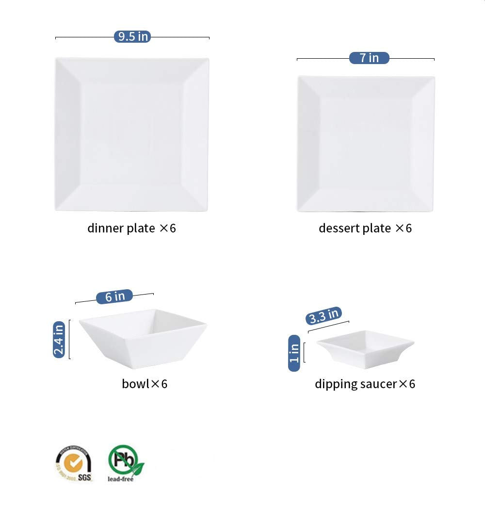 Porlien 24-Piece Classic Square Dinnerware Set for 6-Off White Plates
