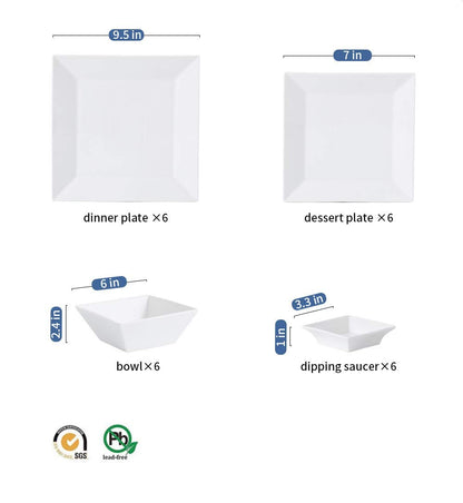 Porlien 24-Piece Classic Square Dinnerware Set for 6-Off White Plates