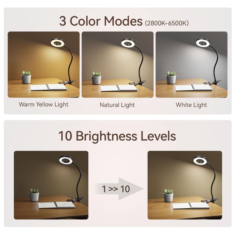 GARMESE LED Desk Lamp Clip on Light with 3 Color Modes 10 Brightness Ring/Clamp Light 360° Flexible Gooseneck Dimmable Eye Protection Desk Light Desk Lamps for Home Office with Video Tutorials
