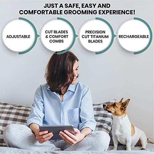 Pet Union Professional Dog Grooming Kit - Cordless Low Noise Dog Clippers for Grooming Thick Coats - All Pet Safe Cat Hair Trimmer - Pet Grooming Kit Includes Dog Hair Clippers, Nail Trimmer & Shears