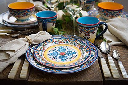 Euro Ceramica Zanzibar Collection 16 Piece Dinnerware Set Kitchen and Dining, Service for 4, Spanish Floral Design, Multicolor, Blue and Yellow