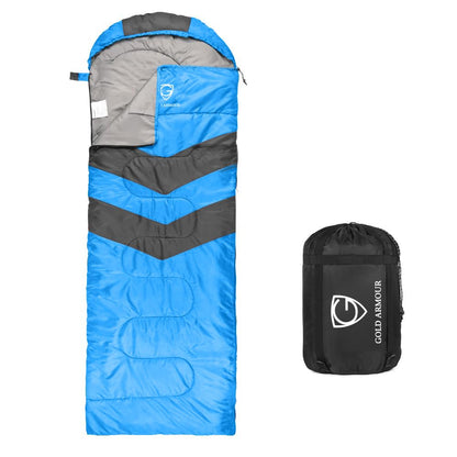 Gold Armour Sleeping Bags for Adults Kids Boys Girls Backpacking Hiking Camping, Cold Warm Weather 4 Seasons, Indoor Outdoor Use, Lightweight & Waterproof, Right Zipper (Blue/Gray)
