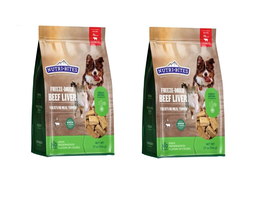Nutri Bites Freeze Dried Beef Liver Dog Food 2-Pack: 28 oz Total Weight - Single Ingredient: Beef Liver - Protein & Grain-Free Supplement - Use as Kibble Topper or Dog Treats for Dogs - Made in Canada