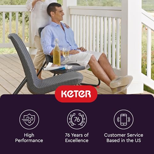 Keter Rio 3 Piece Resin Wicker Patio Furniture Set with Side Table and Outdoor Chairs for Front Porch and Backyard Decor, Dark Grey