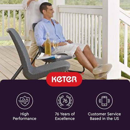 Keter Rio 3 Piece Resin Wicker Patio Furniture Set with Side Table and Outdoor Chairs for Front Porch and Backyard Decor, Dark Grey