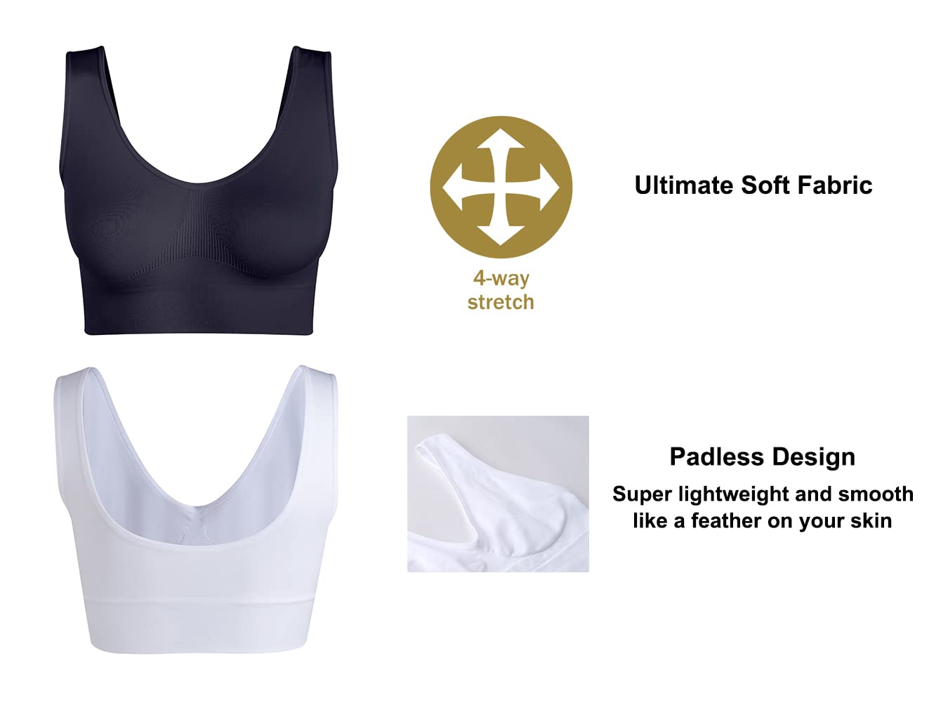 JEMINAY Women's Wireless Sleep Bras Unpadded Seamless Comfort Bras Throw-on Wirefree Bralettes 3 Pack,Black+Beige+White,XL