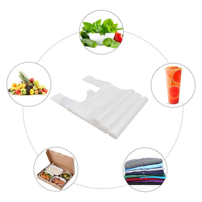LazyMe T Shirt Bags Plastic Grocery Bags with Handles for Merchandise and Supermarket, Bolsas De Plastico Para Negocio, 12 x 20 Inch (White, 100Pcs)