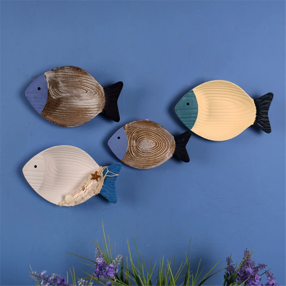 OECECR 2Pcs Wood Fish Nautical Beach Wall Decor, Wooden Hanging Coastal Wall Art Decor for Home, Lake House, Ocean Bathroom Decor - Blue