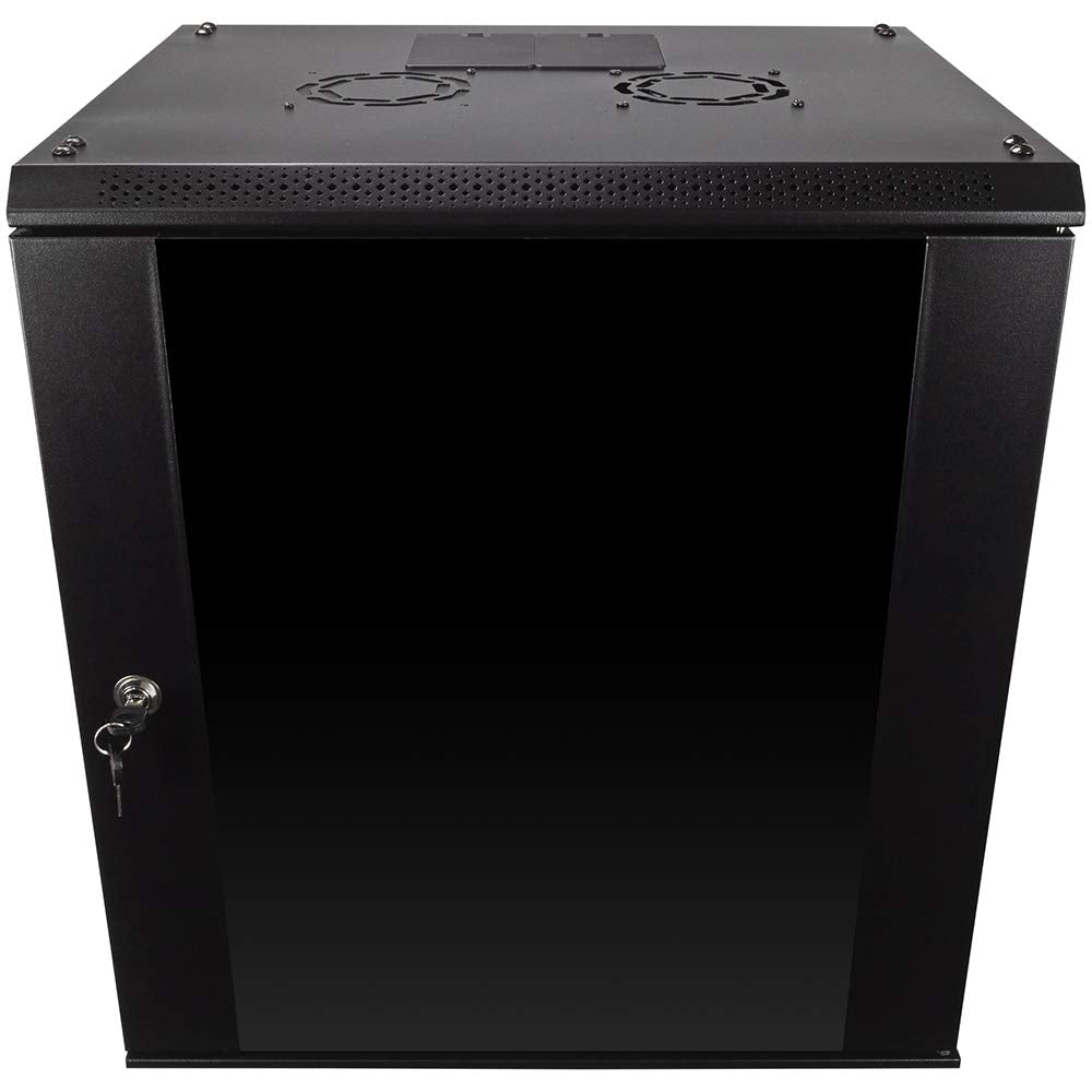 NavePoint 12U Server Rack Enclosure with Glass Door, Cooling Fan, Locks, & Removable Side Panels - 12U Wall Mount Network Cabinet 19 Inch Rack 17.7" Deep (450mm)