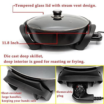Moss & Stone Round Nonstick Electric Skillet With Lid, Aluminum 12x12 Inch Electric Frying Pan 5Qt, Nonstick Cooking Surface, Adjustable Temperature Control, Vented Glass Lid, Heat-Resistant Handle