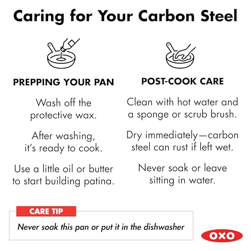 OXO Obsidian Pre-Seasoned Carbon Steel, 10" Frying Pan Skillet with Removable Silicone Handle Holder, Induction, Oven Safe, Black