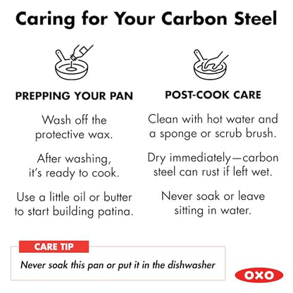OXO Obsidian Pre-Seasoned Carbon Steel, 10" Frying Pan Skillet with Removable Silicone Handle Holder, Induction, Oven Safe, Black