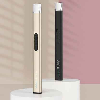 REIDEA Lighters 2 Pack R1 Flat Electronic Candle Lighter, Windproof Flameless USB Rechargeable Arc Lighter with Safe Button and Power Indicator for Candle, BBQ and Fireworks, Champagne Gold and White