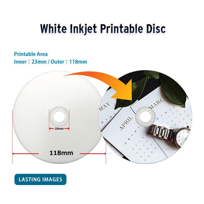PlexDisc CD-R 700MB 52X White Inkjet Hub Printable Discs | 100 Pack Cake Box (FFP) | Blank CDs for Burning Music, Photos, Data | Writable Recordable Media