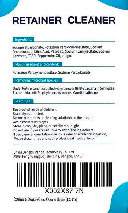 Retainer & Denture Cleaner Tablets - 4 Months Supply (120 pcs) Dental Retainers for Aligner - Mouth & Night Guards - False Teeth Whitening - Removes Odor & Plaque (120 Pcs)