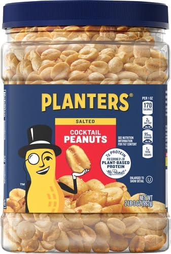 PLANTERS Salted Peanuts Cocktail, Party Snack, Plant-Based Protein, After School Snack, Roasted in Peanut Oil, Salted Nuts, Snacks for Adults, Bulk Nuts, Kosher, 2.19lb Jar