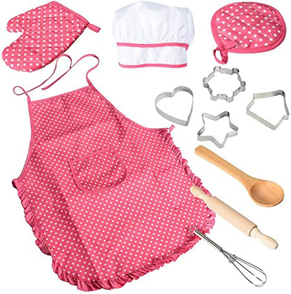 Acekid Chef Set for Kids,11pcs Kitchen Costume Role Play Kits, Girls Apron with Chef Hat,Cooking Mitt and Cookie Cutters (Rose red)