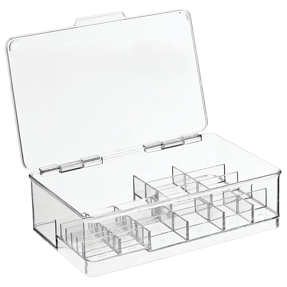 mDesign Plastic Large Stackable Divided Battery Storage Organizer Box with Hinged Lid for AA, AAA, C, D, 9 Volt Sizes, Great Storage for Kitchens, Home Offices, and Utility Rooms - Clear