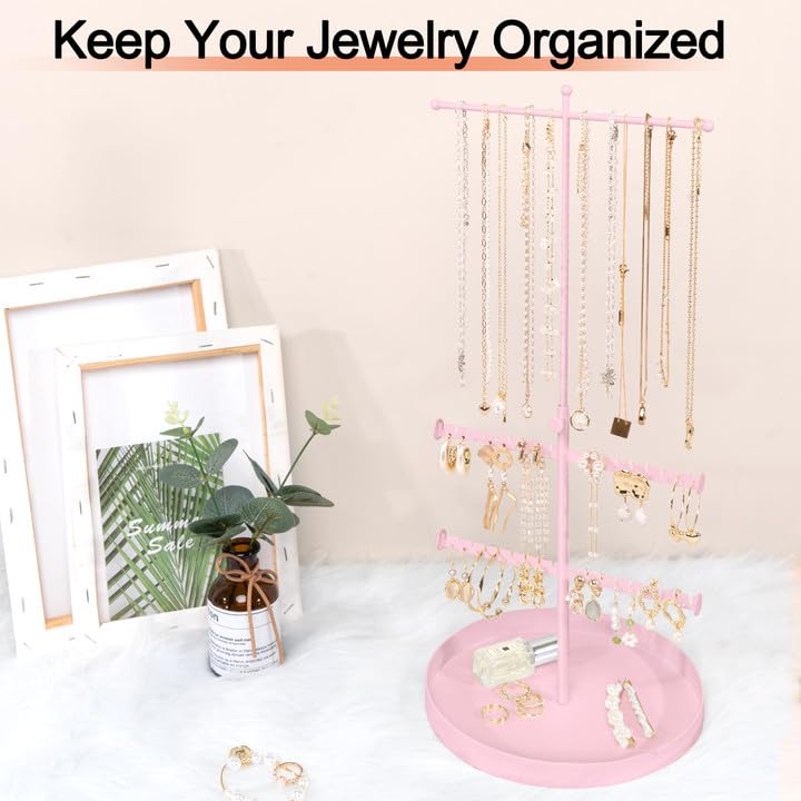 Jenseits Jewelry Holder Organizer Stand, 3 Tier Necklace Organizer Earring Holder Tree, Adjustable Height Jewelry Display Towers, Long Necklaces Bracelets Jewelry Storage Rack Gift For Women, Girls