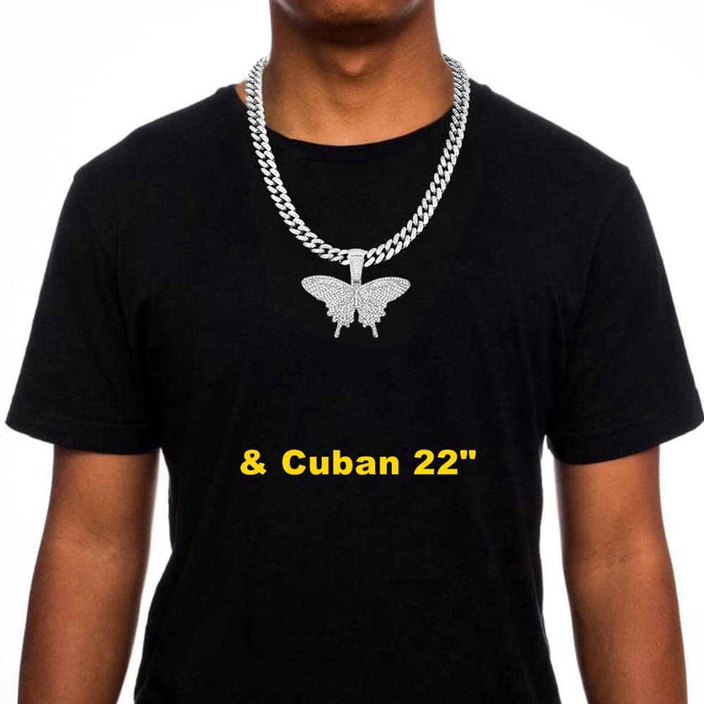 HH BLING EMPIRE Iced Out Silver/Gold Diamond Butterfly Necklace for Men Women, Hip Hop Big Butterfly Pendant with Rope/Tennis/Cuban Link Chains 22 Inch (Silver butterfly A & Tennis Chain)