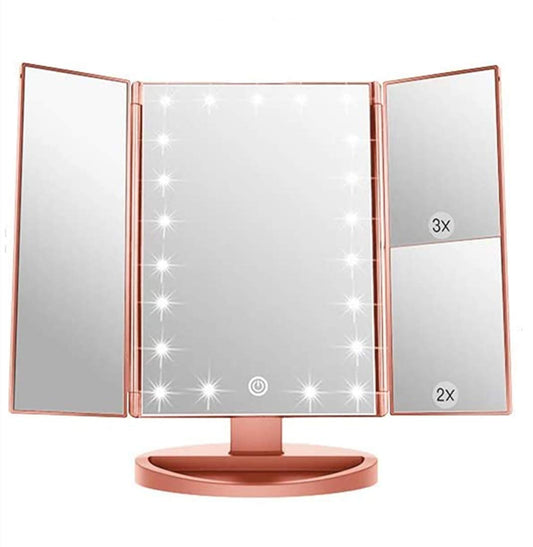 Infitrans Trifold Makeup Mirror Vanity Mirror with Lights,1X 2X 3X Magnification,Touch Screen,180 Adjustable Rotation,Portable Travel Bathroom Cosmetic Mirror