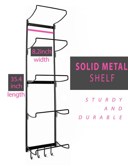 MRZZATA 5-Tiers Yoga Mat Holder Wall Mount, Metal Storage Rack for Mats/Wheels, Foam Roller and Block, Wall Rack with 3-Hooks for Hanging Stretching Strap, Resistance Bands, Yoga Accessories