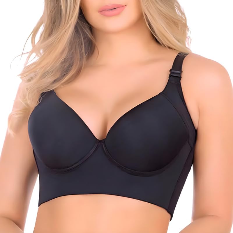 OLikeFit Women Filifit Sculpting Uplift Bra Fashion Deep Cup Bra Hide Back Fat Full Back Coverage Bra with Shapewear Incorporated, Black, 48D