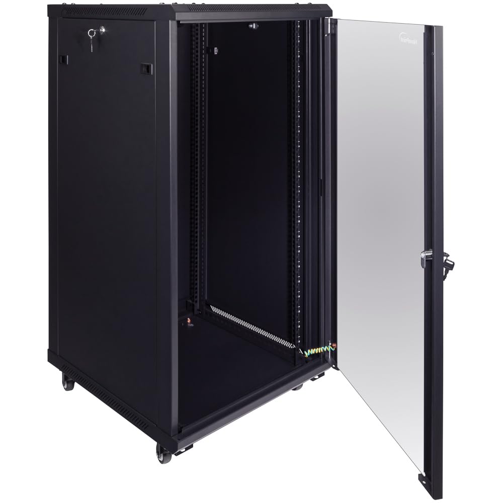 NavePoint 22U Server Cabinet Wall Mount Rack Enclosure with Caster Wheels, 2 Fans, Locking Glass Door, Removable Side Panels – 22U Network Cabinet 23.6” Deep, 19” Server Rack for A/V Equipment