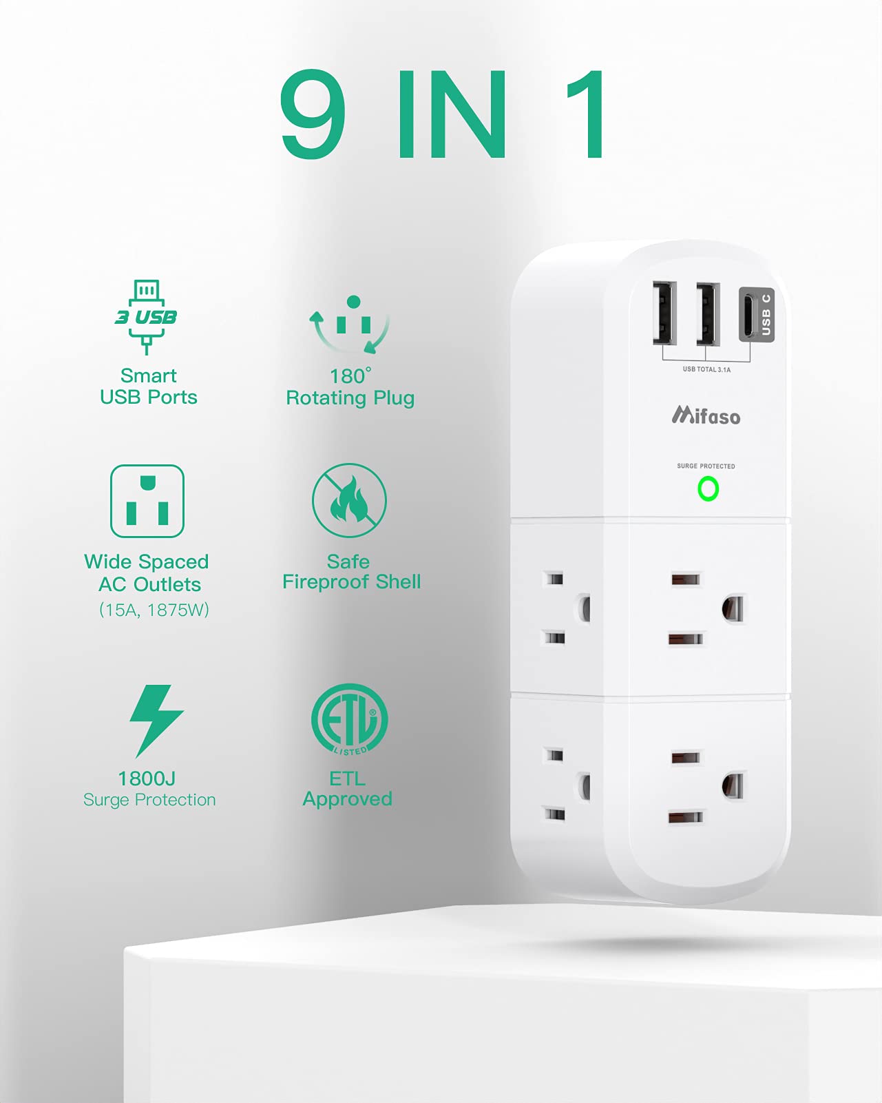 Outlet Extender with Rotating Plug, Mifaso Surge Protector 6 AC Multi Plug Wall Outlets and 3 USB Ports, 1800 Joules, 3-Sided Swivel Power Strip Spaced Splitter for Home, Travel, Dorm Room Essentials
