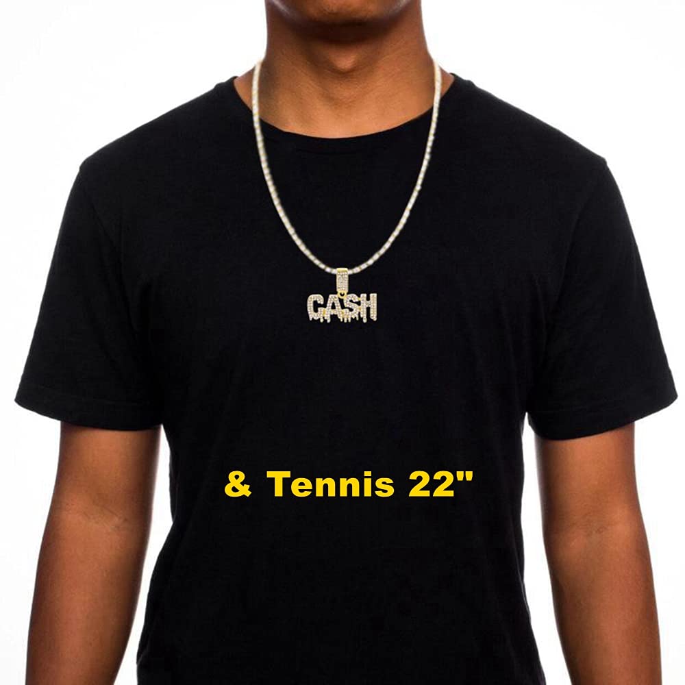 HH BLING EMPIRE Iced Out Name Pendant Chain Necklaces for Men Gold Silver Diamond Letter Necklace Hip Hop Cash Rope Chains 24 Inch (Cash-Gold,& Rope)