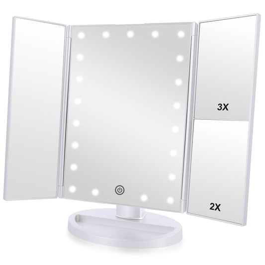 Flymiro Tri-fold Lighted Vanity Makeup Mirror with 3x/2x Magnification,21 LEDs Light and Touch Screen,180 Degree Free Rotation Countertop Cosmetic Mirror,Travel (White)