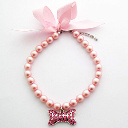 PETFAVORITES Fancy Pearls Crystal Dog Necklace Jewelry with Bling Rhinestones Big Bone Charm for Pets Cats Small Dogs Girl Teacup Chihuahua Yorkie Clothes Costume Outfits (Pink, 8 to 10-Inch)