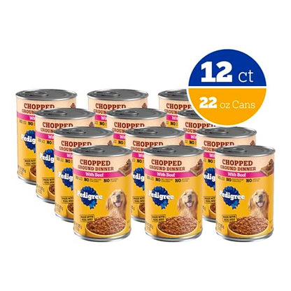 Pedigree Chopped Ground Dinner Adult Canned Soft Wet Dog Food Beef Flavor, 22 oz. Cans (12 Count, Pack of 1)