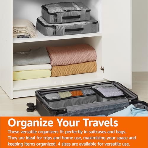 Amazon Basics Lightweight Packing Cubes Travel Organizer Set with Double Zipper, Mesh Top, Multiple Sizes, 4 Piece, Gray