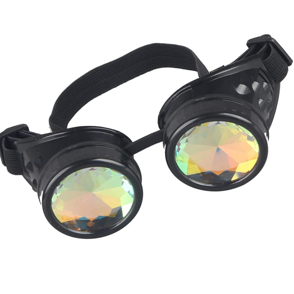 OMGREAT Raves Goggles with Rainbow Crystal Glass Lens Kaleidoscope Glasses Funky Prism Steampunk Glasses for Cosplay Party