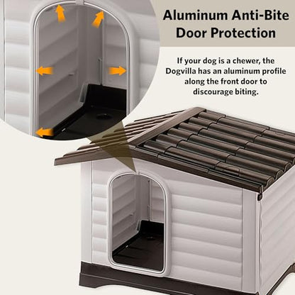 Ferplast Dog Villa Indoor and Outdoor Dog House for Small Dog Breeds, Measures 28.75L x 23.23W x 20.87H Inches, Ventilated with Patented Fold-Out Porch, Cream with Dark Brown Bottom, Part # 87253099