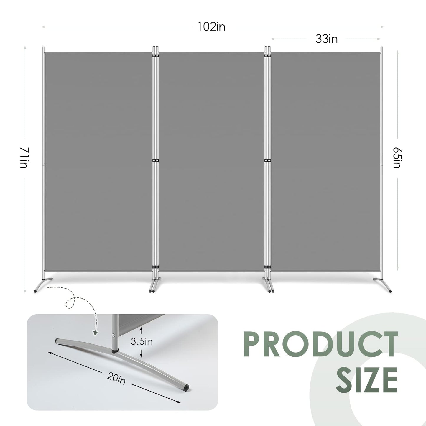 RANTILA 3 Panel Room Divider, 6 Ft Tall Folding Privacy Screen Freestanding Room Partition Wall Dividers, 102''W x 20''D x 71''H, Grey