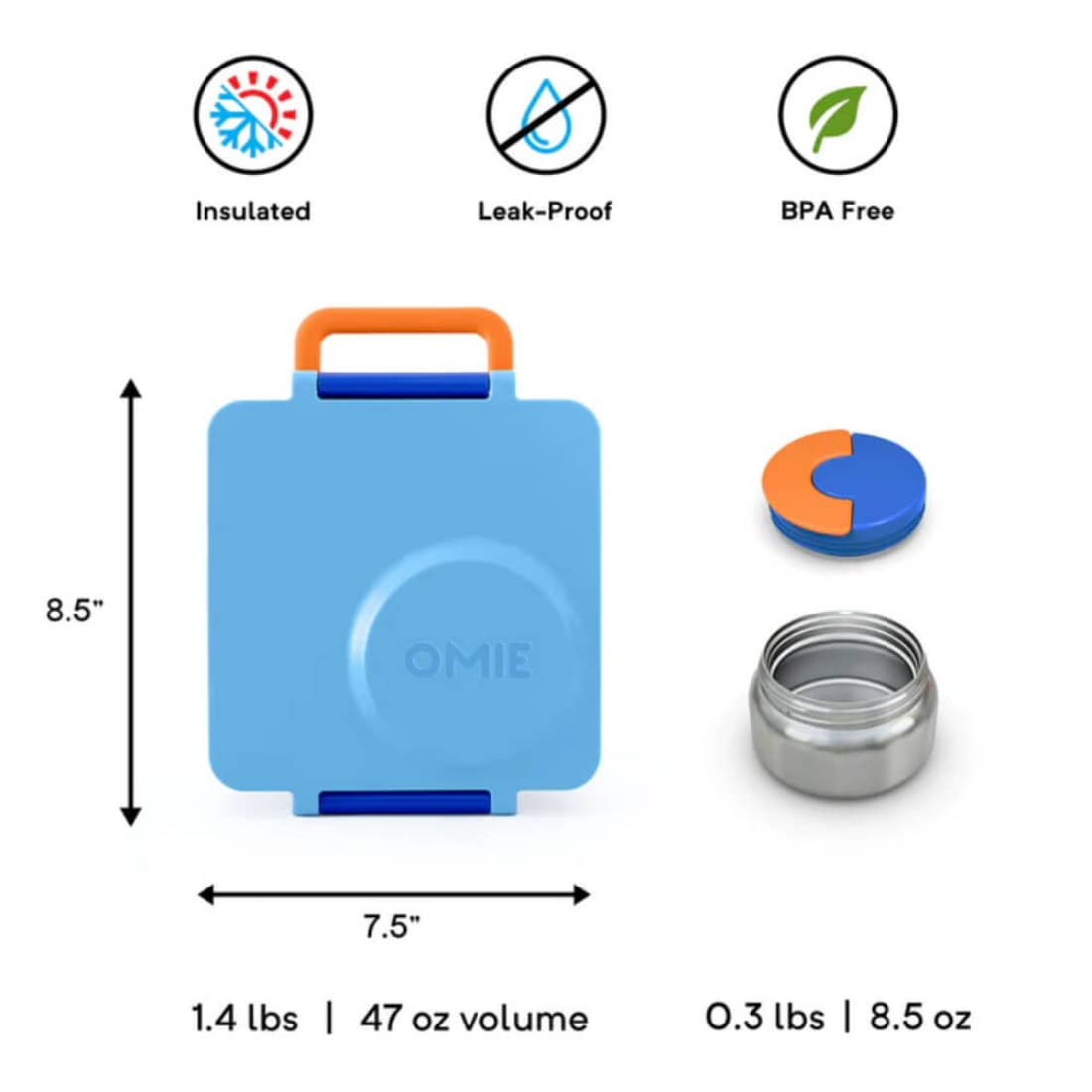 OmieBox Bento Box for Kids - Insulated Bento Lunch Box with Leak Proof Vacuum Insulated Food Jar - 3 Compartments, Two Temperature Zones (Blue Sky)