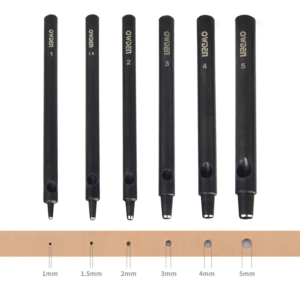 OWDEN Professional 6pc Leather Hollow Punch Set, Size 1.0-5.0mm, Black, Steel, Manual, 6 Holes, Free Mini Cutting Mat