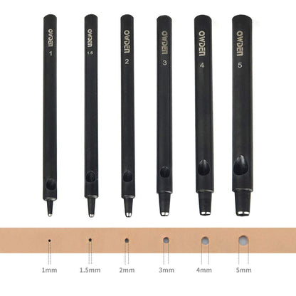 OWDEN Professional 6pc Leather Hollow Punch Set, Size 1.0-5.0mm, Black, Steel, Manual, 6 Holes, Free Mini Cutting Mat