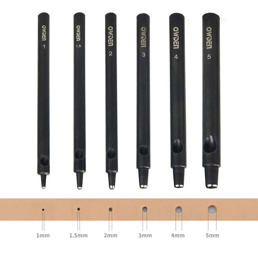 OWDEN Professional 6pc Leather Hollow Punch Set, Size 1.0-5.0mm, Black, Steel, Manual, 6 Holes, Free Mini Cutting Mat