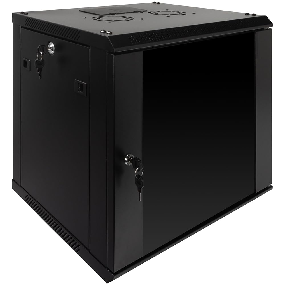 NavePoint 9U Server Rack Enclosure with Glass Door, Cooling Fan, Locks, & Removable Side Panels - 9U Wall Mount Network Cabinet 19 Inch Rack 17.7 Inches Deep