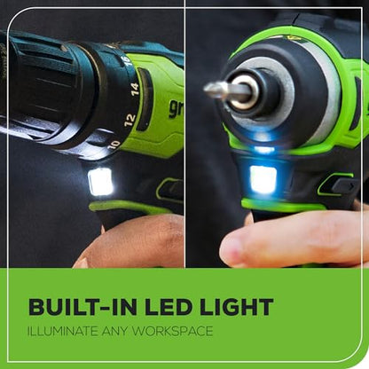 Greenworks 24V MAX Cordless Brushless Drill & Impact Driver Combo Kit, Electric Drill Set, High Torque, Lightweight, Professional Grade, Includes 2x 2.0Ah Batteries, Charger, and Storage Bag