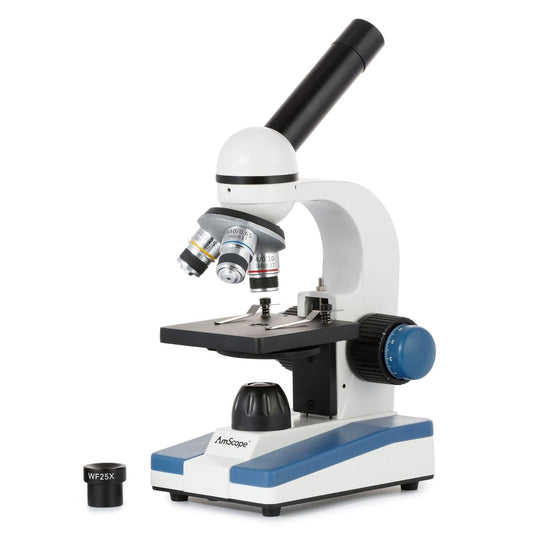 AmScope M150 Series Portable LED Monocular Student Compound Microscope - 40X-1000X Magnification - Microscope Kit Includes Dust Cover, 2 Clips & 2 Eyepieces