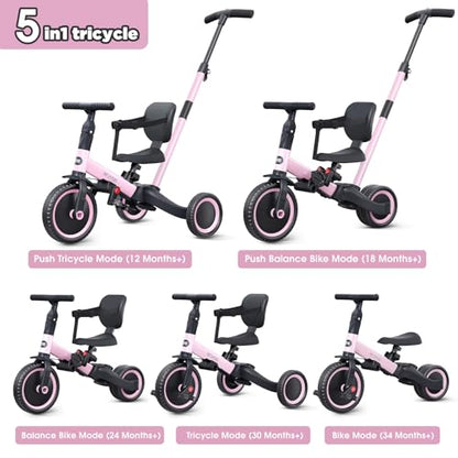 newyoo Toddler Tricycle,Toddler Bike,Birthday Gifts and Toys for 1-3 Year Old Boys and Girls, Trike with Push Handle, Backrest and Safety Belt, Balance Bike, TR007, Pink