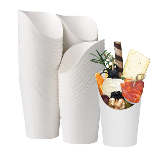 KINGZHUO 50pcs French Fries Holder 14oz Charcuterie Cups Disposable Take-out Party French Fry Cups Waffle Paper Popcorn Boxes Sandwich Paper Cups Holder Wedding Food Trays Paper Cones for Food (White)