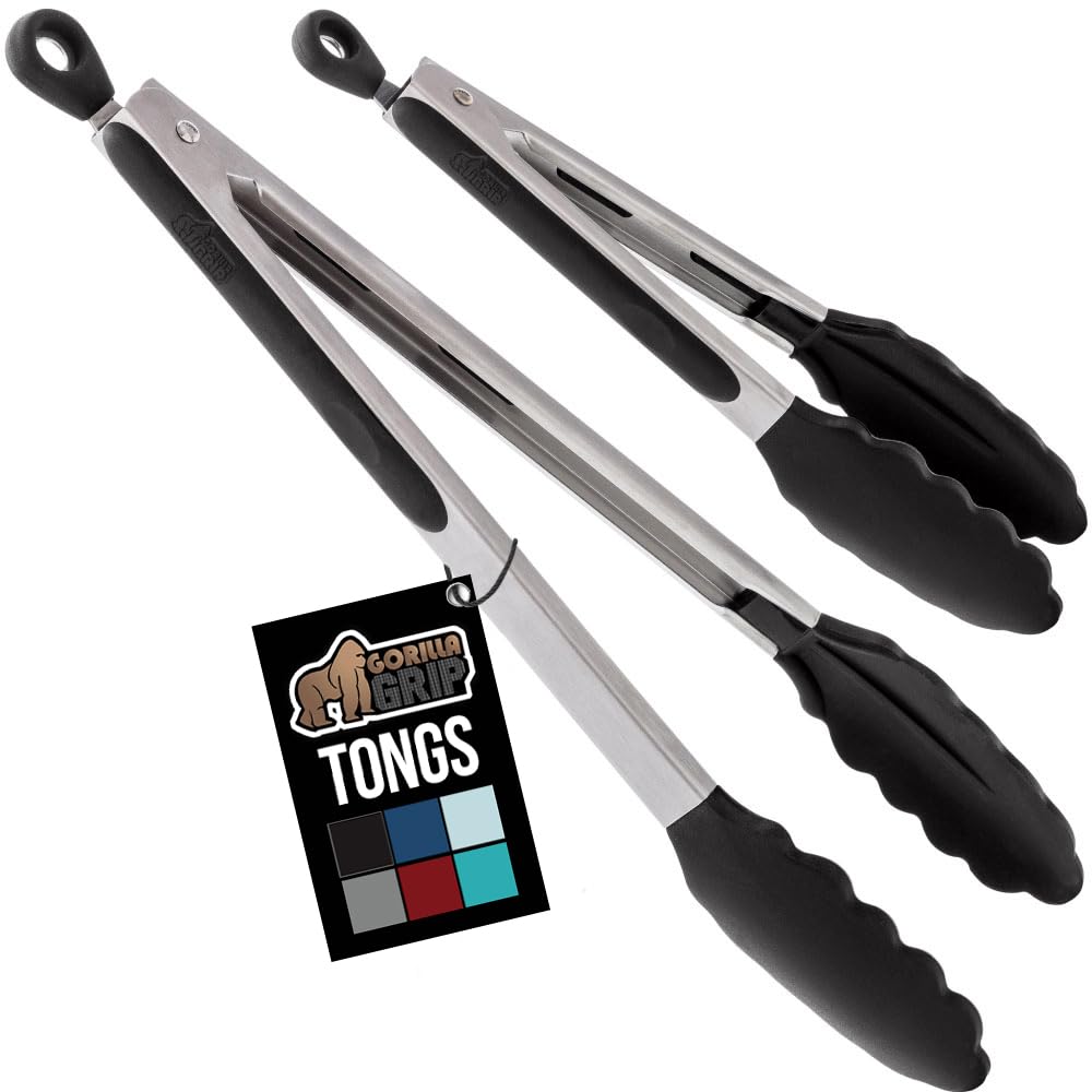 GORILLA GRIP Stainless Steel Heat Resistant Kitchen Tongs for Cooking, Set of 2 BBQ Tong, Non Scratch Silicone Tip for Pans, Strong Grip, Grab Food, Toss Salad, Air Fryer, Pull Lock, 7 + 9 Inch, Black