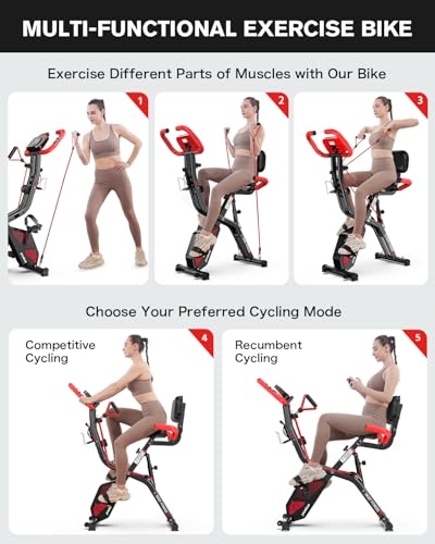 pooboo Folding Exercise Bike, Fitness Stationary Bike Machine, Upright Indoor Cycling Bike, 4-in-1 Magnetic X-Bike with 8-Level Adjustable Resistance, Bottle Holder, Arm Resistance Bands, Pulse Sensor & Back Support Cushion for Home Gym Workout (red)