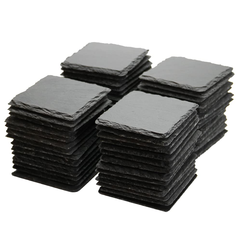 MONKEY SUN 60 Pack 4 x 4 Inch Gorgeous Black Slate Stone Coasters Bulk Square Slate Stone Cup Coaster for Drink Bar Kitchen Home, Handmade Natural Rough Edge, Set of 60